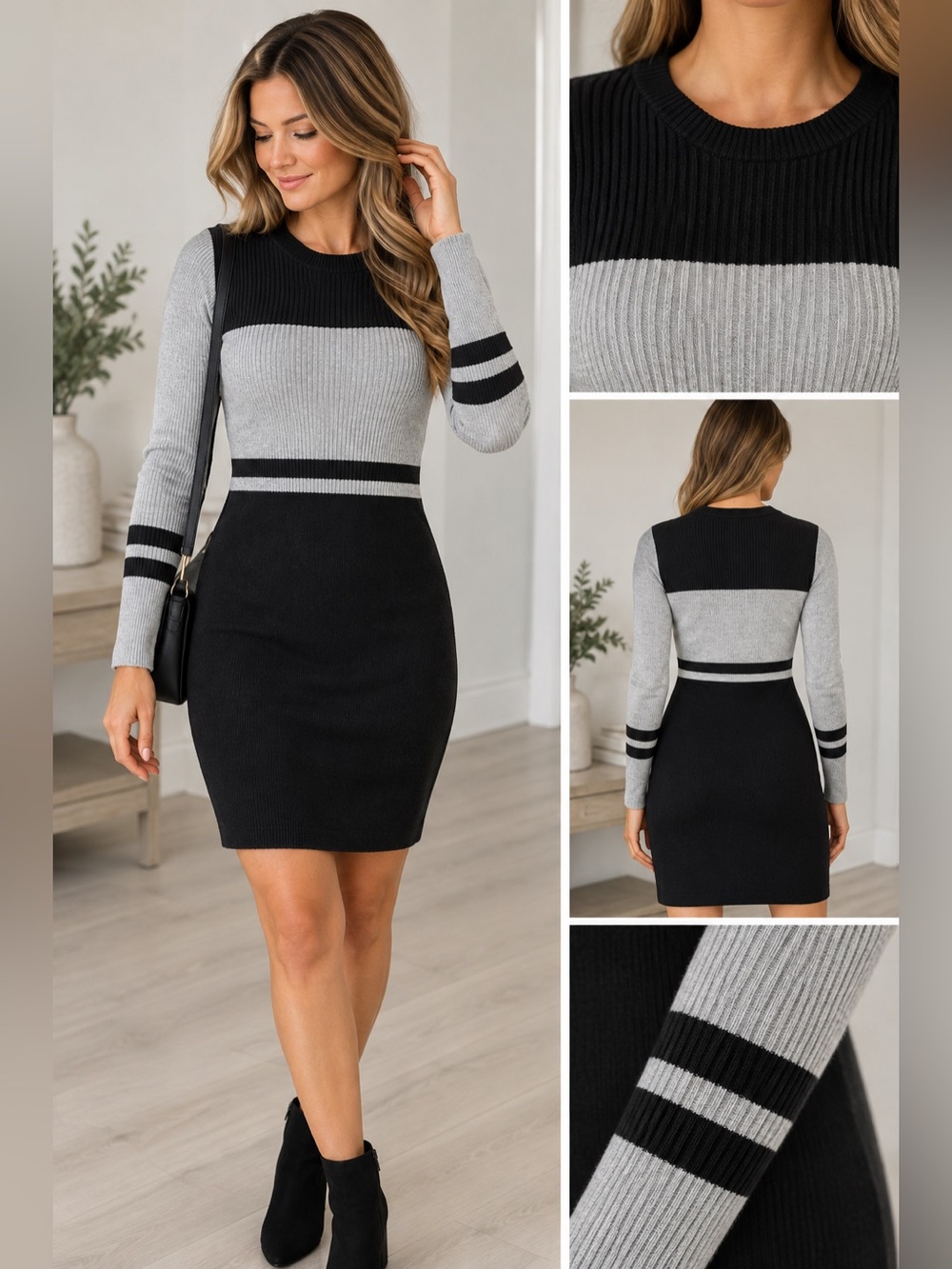 RD Style Maren Knit Black & Gray Striped Sweater Dress